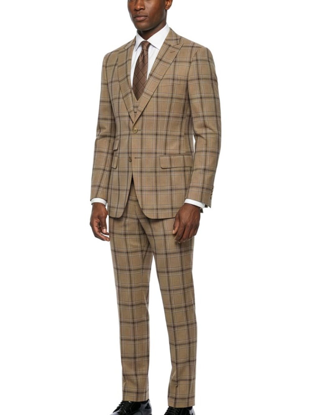 Tan Plaid Peak Lapel 3 Piece Stacy Adams Men's Suit - Picture 2 of 3